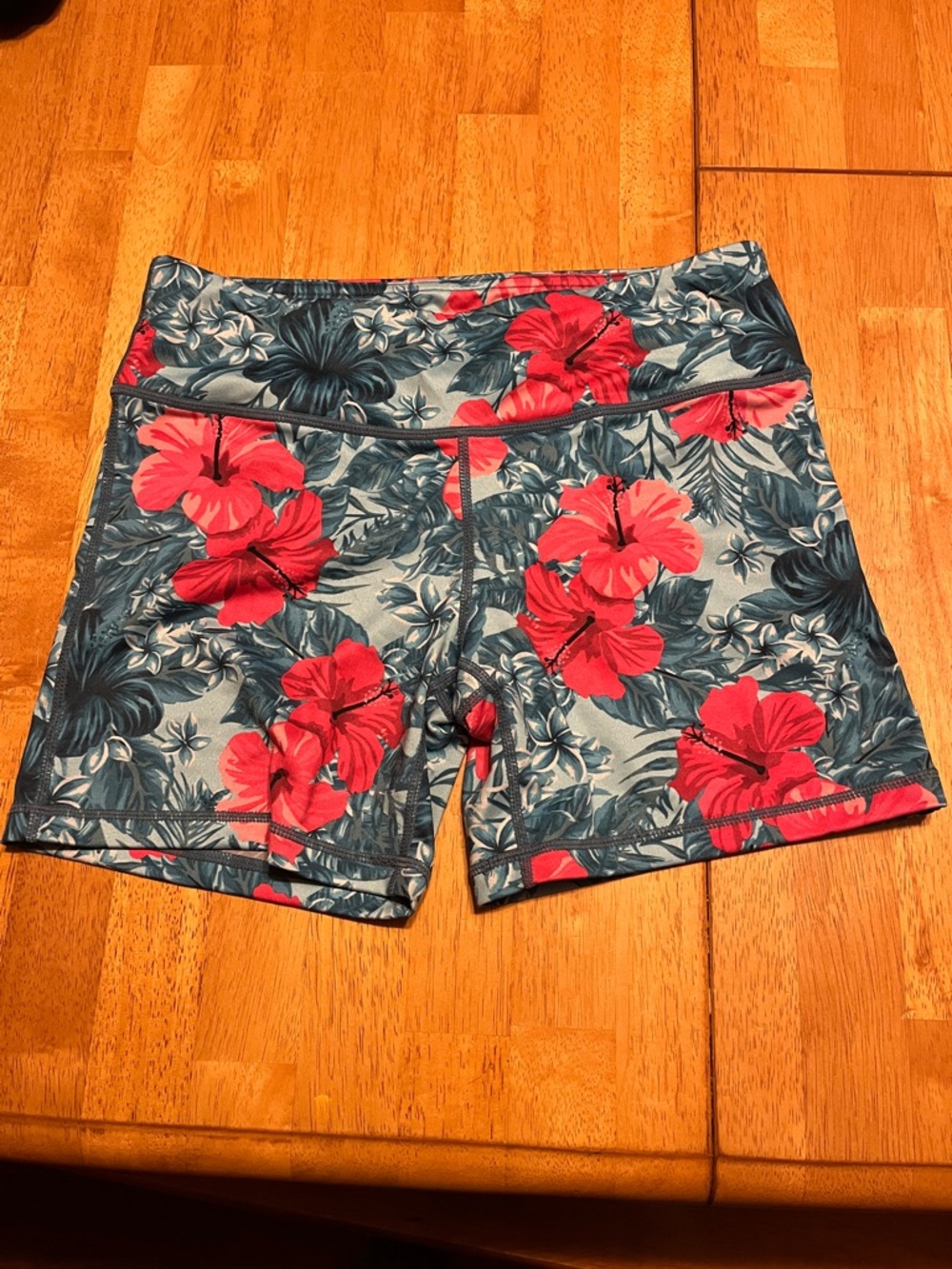 High-Rise Floral Bike Shorts in Teal with Red Hibiscus